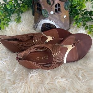 ALDO Brown Leather Fringe Thong Sandals with Gold Accent